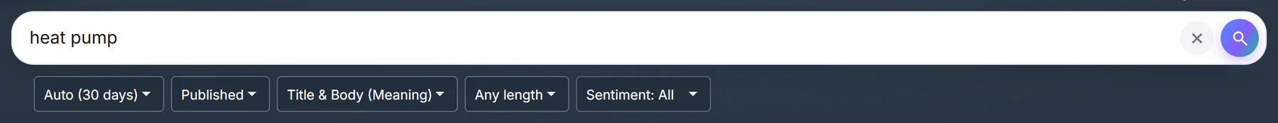 The filter row on the News tab: the date menu set to Auto, Published, the match menu, minimum words and sentiment